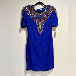 Vintage 1980s Denise Elle Silk Beaded Dress Royal Blue